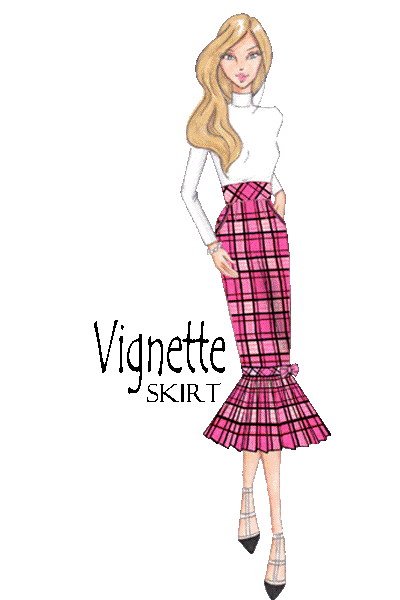 A fashion illustration of the Vignette Skirt sewing pattern (LN1618) in a vibrant pink and black plaid. The sketch showcases the high-waisted silhouette with hands in pockets and the signature pleated knee ruffle.